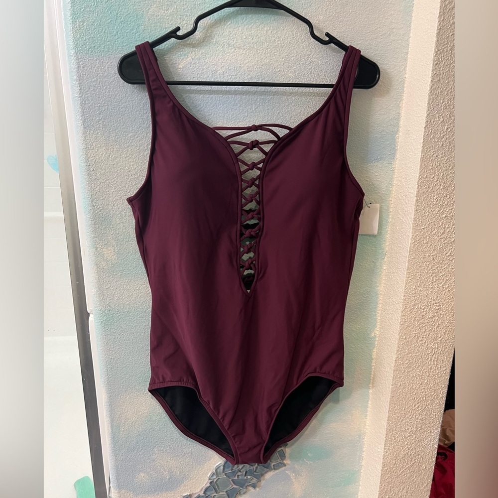 NWT Aqua Green Burgundy One Piece Bathing Suit - Picture 1 of 9